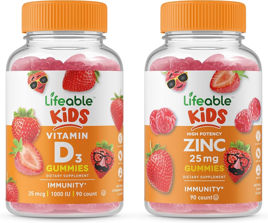 Lebendige Zink 25mg Kinder + Vitamin D Kinder, Gummis Bundle - Große Verkostung, Vitamin-Ergänzung, Glutenfrei, GMO frei, Kaugummi