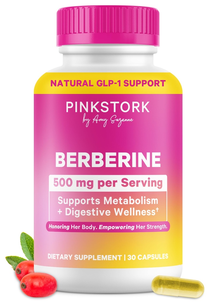 Pink Stork Berberine 500 mg - Activateur métabolique AMPK quotidien - 500 mg Métabolisme + Gut Soutien de la santé pour les femmes - Test de tiers - Vegan - Non-OGM - 30 capsules