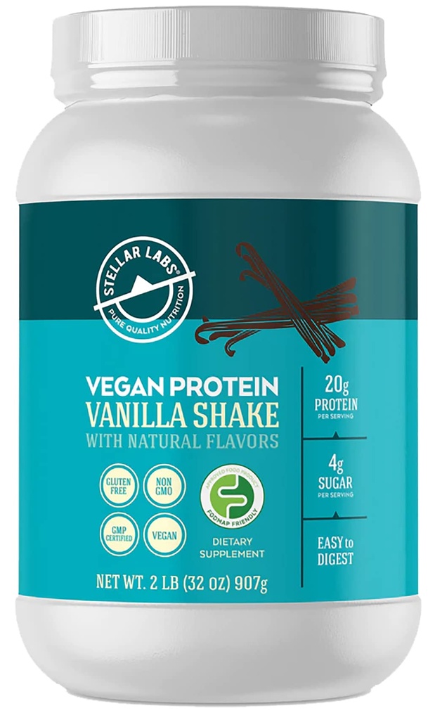 Stellar Labs Vegan Protein Pulver mit BCAA & Antioxidantien | Zertifiziert Low FODMAP, Non GMO, Glutenfrei, Sojafrei, Low Carb, mit Stevia | Lean Plant Based Protein Powder Shakes | Vanilla