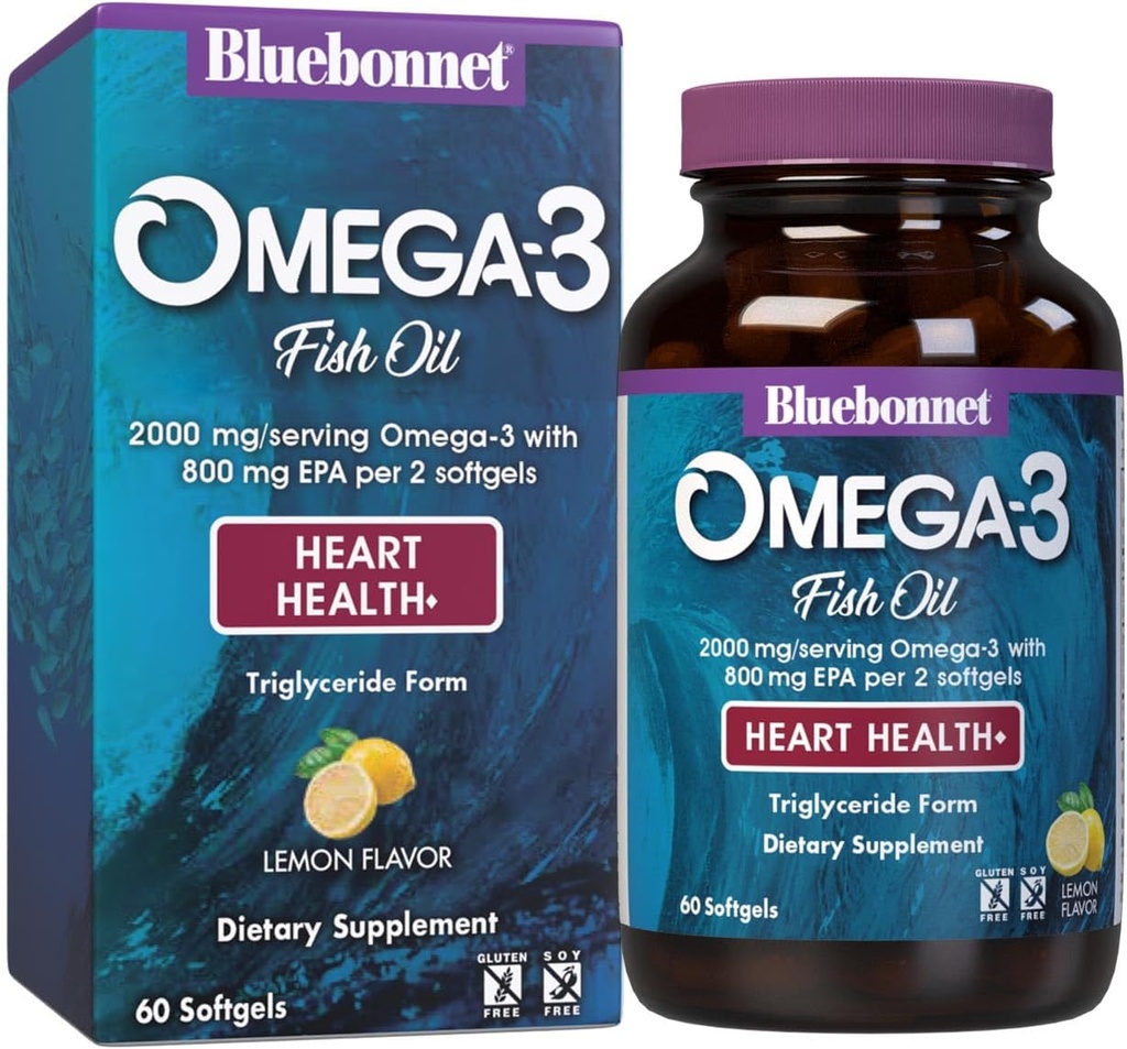 Bluebonnet Nutrition Omega-3 Heart Formula Natural Wild Caught Triglycerid Form DHA 600 mg EPA 800 mg - Highly Concentrated Heart Health Support Supplement - Glutenfrei - 60 Softgel