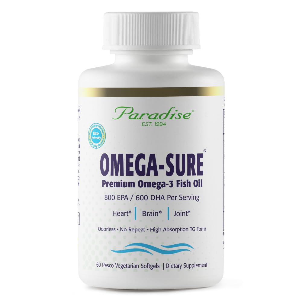 Paradise Herbs Omega-Sure, Omega-3 Konzentrat, Premium Fish Oil, DHA, EPA, Vegan, Non GMO, Glutenfrei, 60 Count Vegetarische Softgels