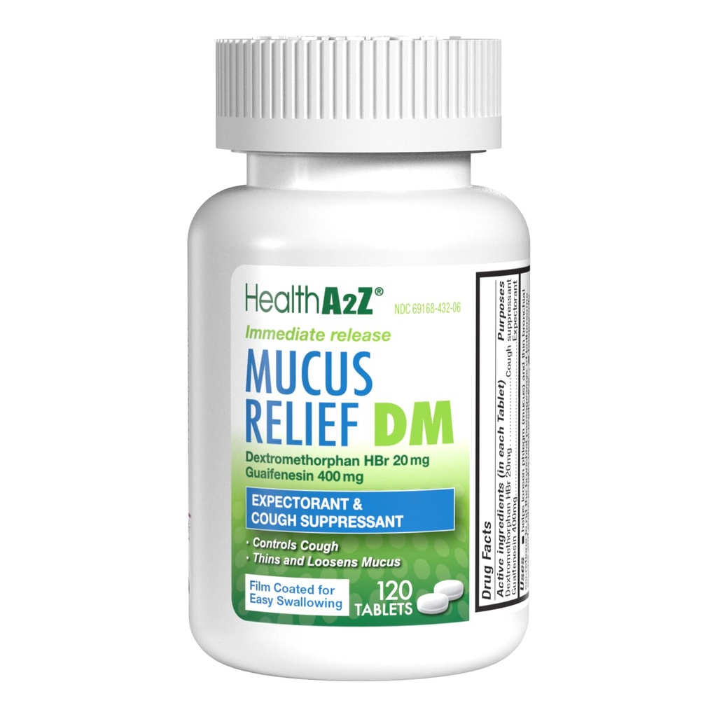 HealthA2Z® Mucus Relief DM | Dextromethorphan HBr 20mg | Guaifenesin 400mg | No Benzene | Cough, Sofortfreisetzung, Unbeschichtet (120 Count (Pack 1))