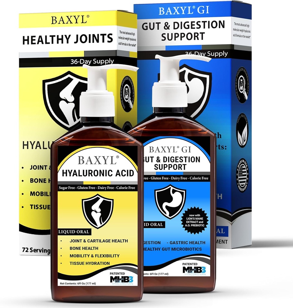 BAXYL & BaxylGI Bundle Pack - (6 fl oz Jeder) - Hyaluronsäure Joint Supplement & Hylarunonan Amaferm Prebiotic Digestive Supplement.