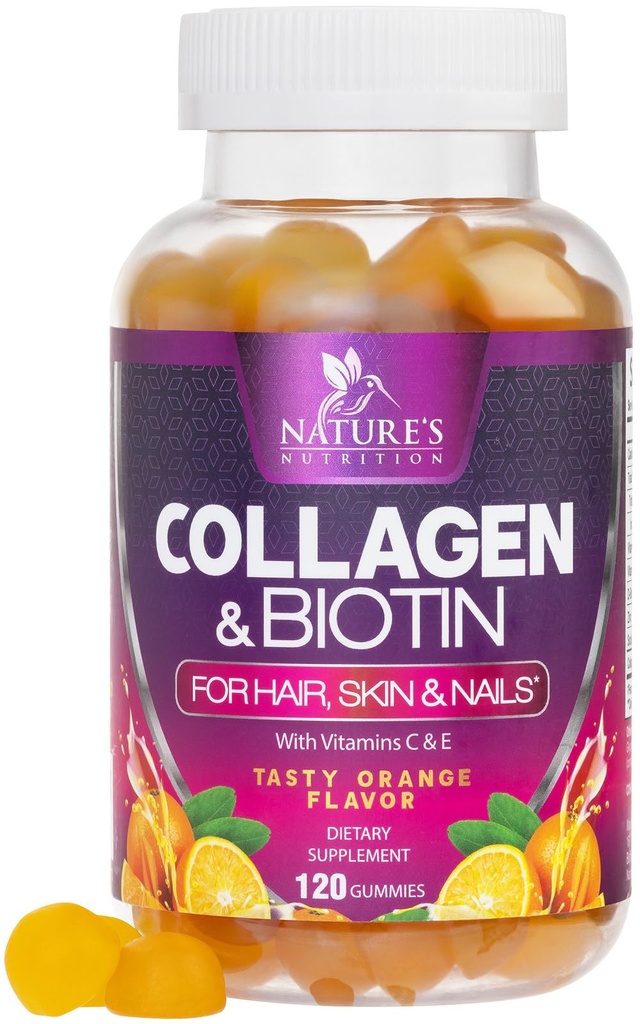 Gommies de collagène avec biotine de 2500mcg, vitamine C et zinc - Supplément de peptide de collagène hydrolysé de type 1 et 3 - Soutien avancé de la croissance des cheveux, de la peau et des ongles pour les femmes et les hommes, sans gluten, sans OGM - 120 Compte
