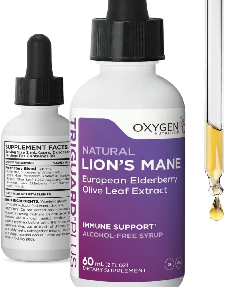 TriGuard Plus Lions Mane - Lions Mane Nootropic, Olive Leaf, Elderberry Extract Teinture liquide 2 fl oz.
