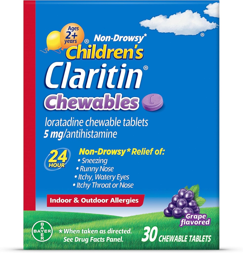 Kinder Claritin Chewables 24 Hour Allergy Relief, Non Drowsy Kinder Allergy Medicine, Grape Antihistamine Chewable Tablets, 30 Count