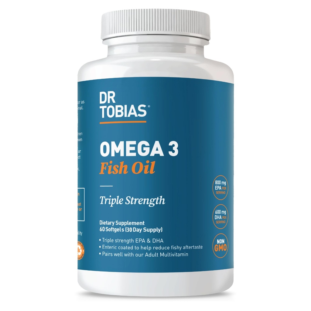 Dr Tobias Omega 3 Huile de poisson, 2000mg Triple Strength avec 800mg EPA 600mg DHA par service, huile de poisson Omega 3 suppléments pour le coeur, le cerveau et le soutien immunitaire, 60 Softgels, 30 portions