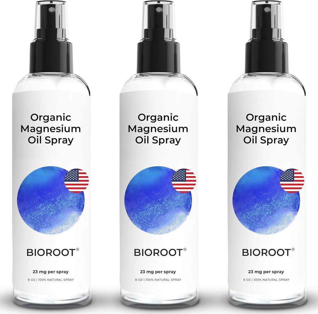 Organic Magnesium Spray - 8oz (3-Pack) - 100% Pure Magesium Oil, Fast Absorbent, Magnesium Spray for Feet & Body, USP Grade