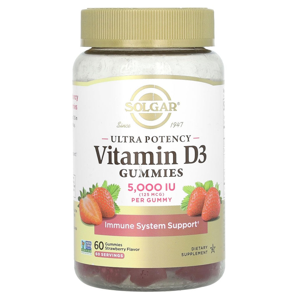 Solgar Vitamine D3 Gommies pour adultes 5 000IU Ultra Potency Vitamine Immune System Support pour les femmes et les hommes - Dégustation de fraise, Gummy sans gluten et gélatine, 2 mois d'approvisionnement, 60 portions, 2g de sucre