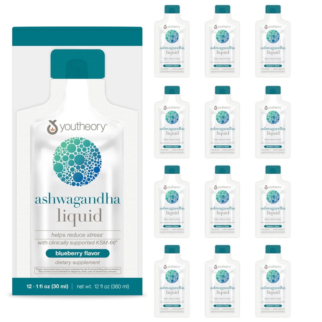 Youtheory Ashwagandha Liquid - Verwendet Organische KSM-66 - Kräutermischung zur Unterstützung von Energieniveaus & Stress Relief* - 12 Single-Serving Packets (12-Day Supply)