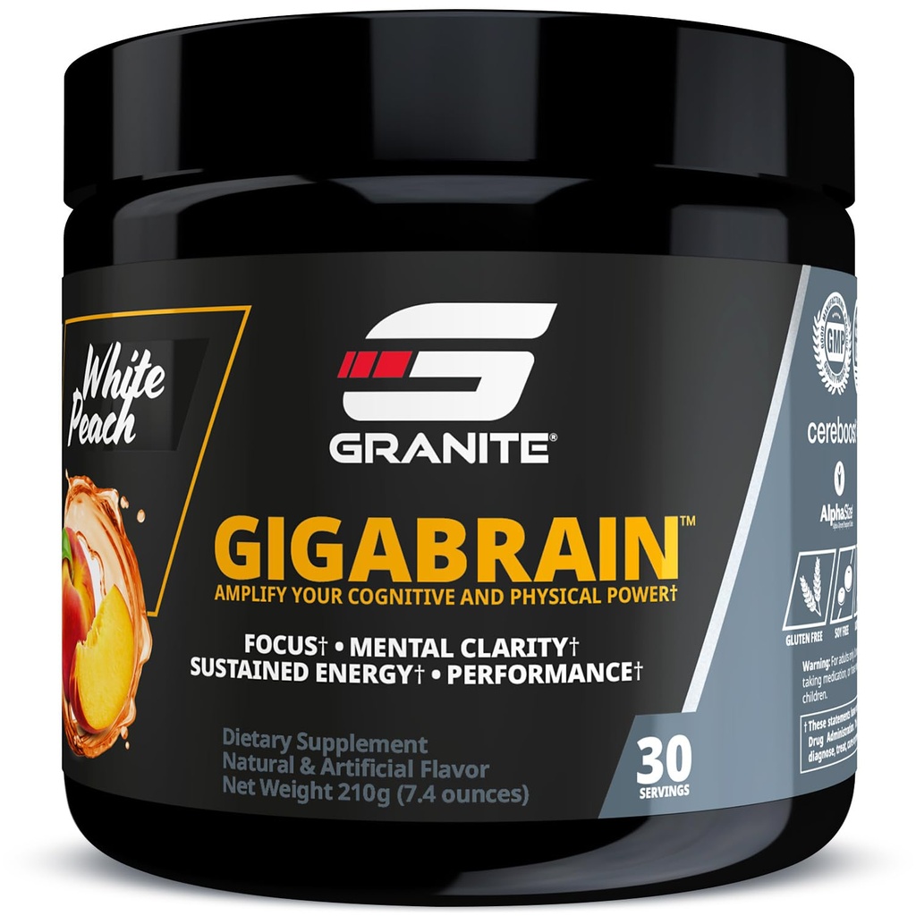 Granit Nutrition GigaBrain Nootropic Energy Powder – Cereboost, Alpha-GPC & ElevATP – Kognitive Fokus-Ergänzung für nachhaltige Energie & Performance – Weißer Pfirsich, 30 Portionen