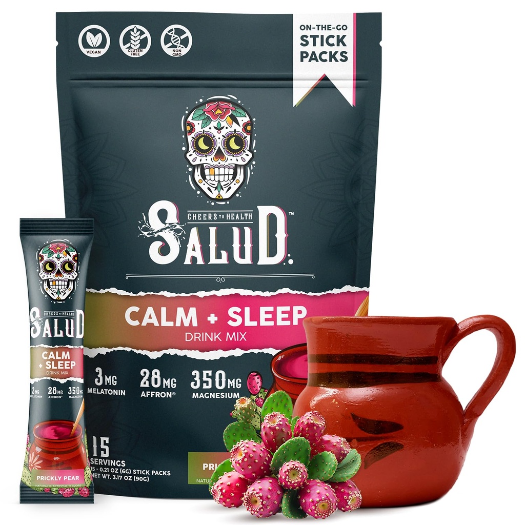 Salud 2-en-1 Aide au sommeil + Mélange de boisson calme, Arôme de poire piquante, Melatonine, Magnésium, Extrait de safran, L-Theanine, Non-OGM, Sans gluten, Vegan, Basse-Calorie, 1g de sucre (15 portions)