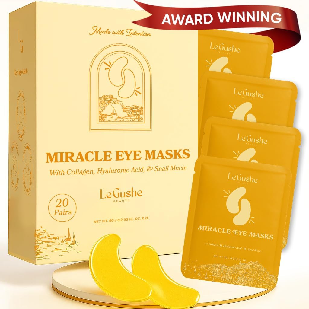 LE GUSHE Patchs d'or sous les yeux pour Yeux Puffy et Cercles Noirs (20 paires) - Masques de collagène hydratant sous les yeux avec Mucin d'escargot - Traitement des yeux Puffy apaisants pour les femmes et les hommes - Cadeaux de demoiselle d'honneur