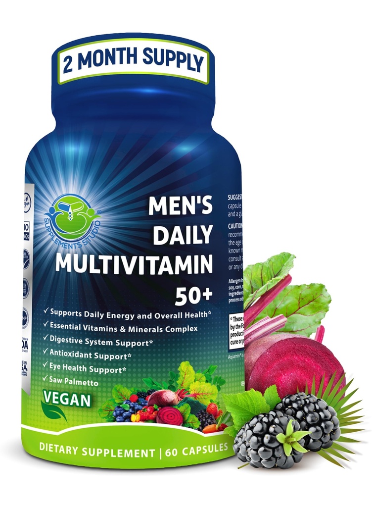 Men's Daily Multivitamin 50 Plus - Vegan Methylated Multivitamin for Men 50 and Over - Saw Palmetto, Biotin, Organic Superfoods, Lutein - Eye, Energy, Gut, Health Support - Easy to Swallow Capsules