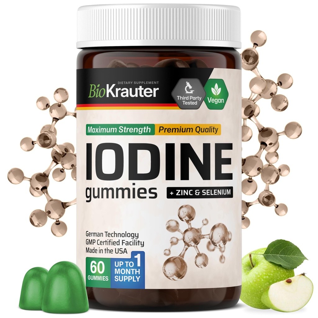 BIO KRAUTER Iodine Gummies - 60 Vegan Chews - 250 mcg Kalium Iodid - Iodine Supplement mit Selen Zink - Apfelschlamm, Pectin-basiert Chews