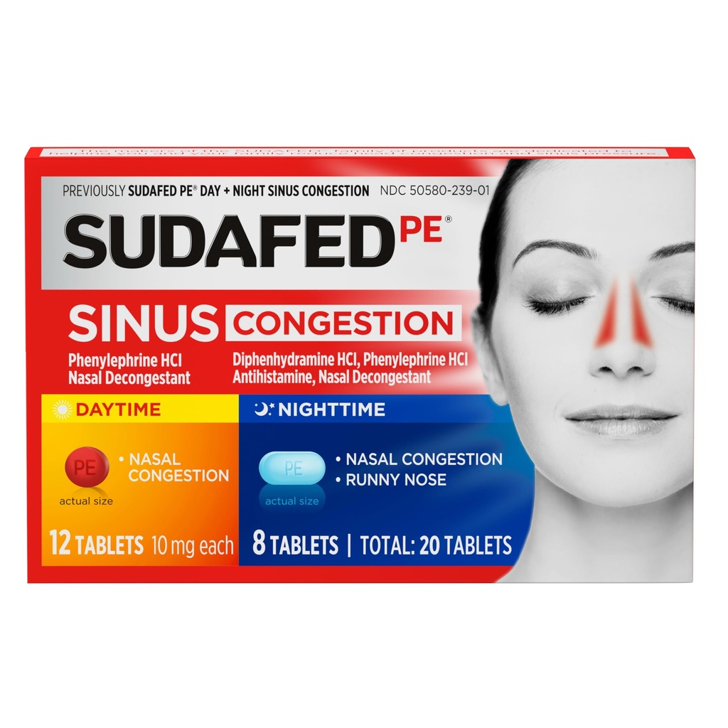Sudafed PE Sinus Congestion Day + Night Maximum Strength Decongestant & Antihistamine Tabletten mit Phenylephrin HCl & Diphenhydramin HCl, Hilft Nasal & Sinus Druck & Congestion, 20 ct