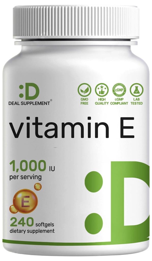 Vitamin E-Ergänzungen, 1.000 IU pro Servierung, 240 Softgels – extra Strength Antioxidant Protection – Bioverfügbare stabile Form – Haut, Herz, Gehirn und Immununterstützung – Non-GMO