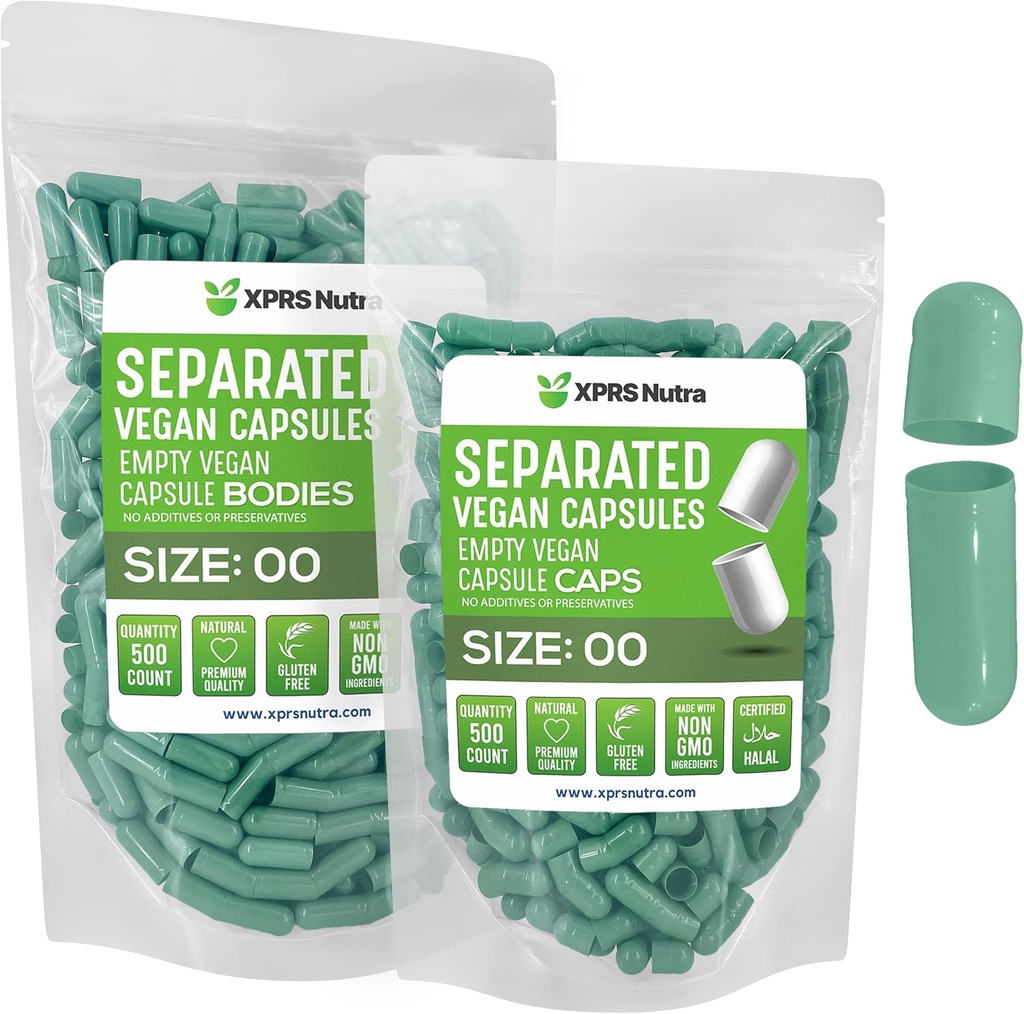 XPRS Nutra Vegan Taille 00 Capsules séparées - 500 Compte Capsules vides Premium Séparées dans des sacs - 00 Pills vides pour le remplissage de supplément de bricolage (vert de l'âge)