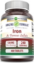 Formules étonnantes Fer en tant que supplément de sulfates ferreux (65 Mg) Comprimés non-OGM (sans gluten) Fabriqués aux États-Unis (480 Nombre)