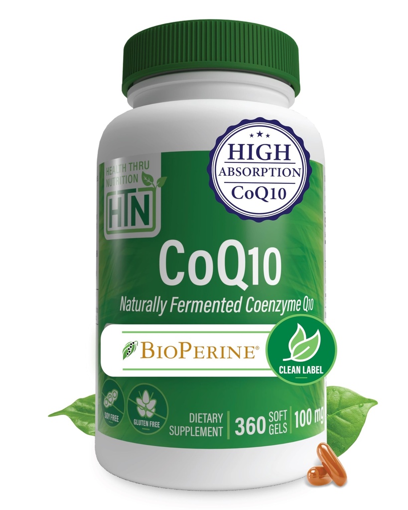 Gesundheit Thru Nutrition CoQ-10 100mg mit BioPerine 360 Softgels | Hohe Absorption Natürlich vergütet USP Grade Coenzyme Q10 Supplement | 3. Partei Getestet | Herzgesundheit und Energieunterstützung