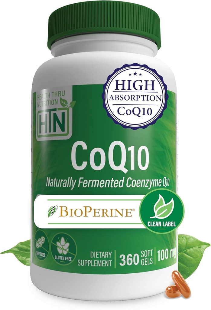 Health Thru Nutrition CoQ-10 100mg with BioPerine 360 Softgels | High Absorption Naturally Fermented USP Grade Coenzyme Q10 Supplement | 3rd Party Tested | Heart Health and Energy Support