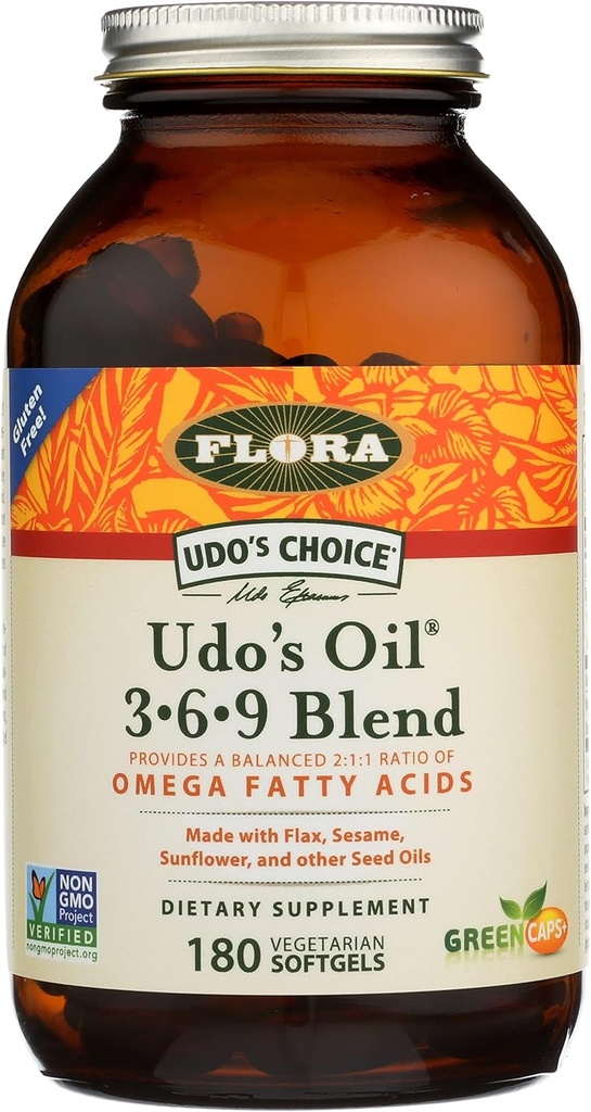 Flora Udo's Oil 3-6-9 Blend - Enthält Bio Kokosnuss, Flax Seed Oil & More - 180 Vegetarian Softgels