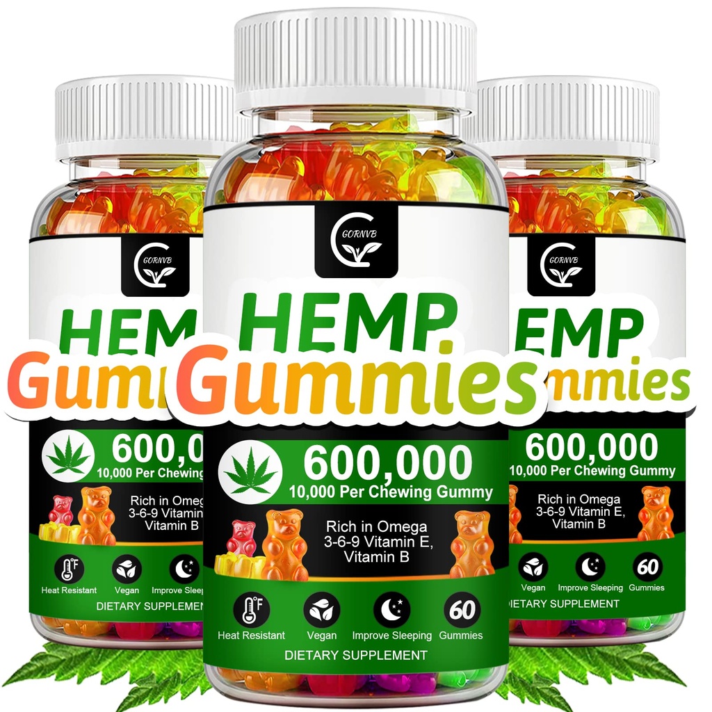 (3 Pack) Hohe Potenz Hanf-Gummien 600.000 zusätzliche Stärke - Stress, Schlaf, Stimmung, Beruhigung, Fokus, Entspannungsergänzungsmittel, 100% natürliche Hanföl-Extrakt Infused Gummis, Vegan, Non-GMO, Gluten-Free