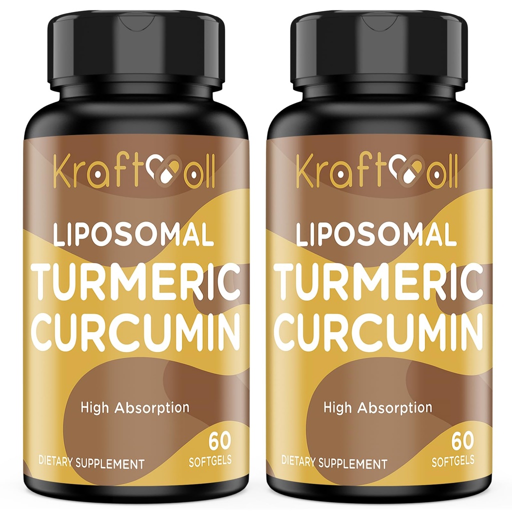 Curcumine Turmère Liposomale 2200 mg avec Pepper Noir pour l'absorption améliorée et le soutien des articulations, 60 softgels (2 bouteilles)