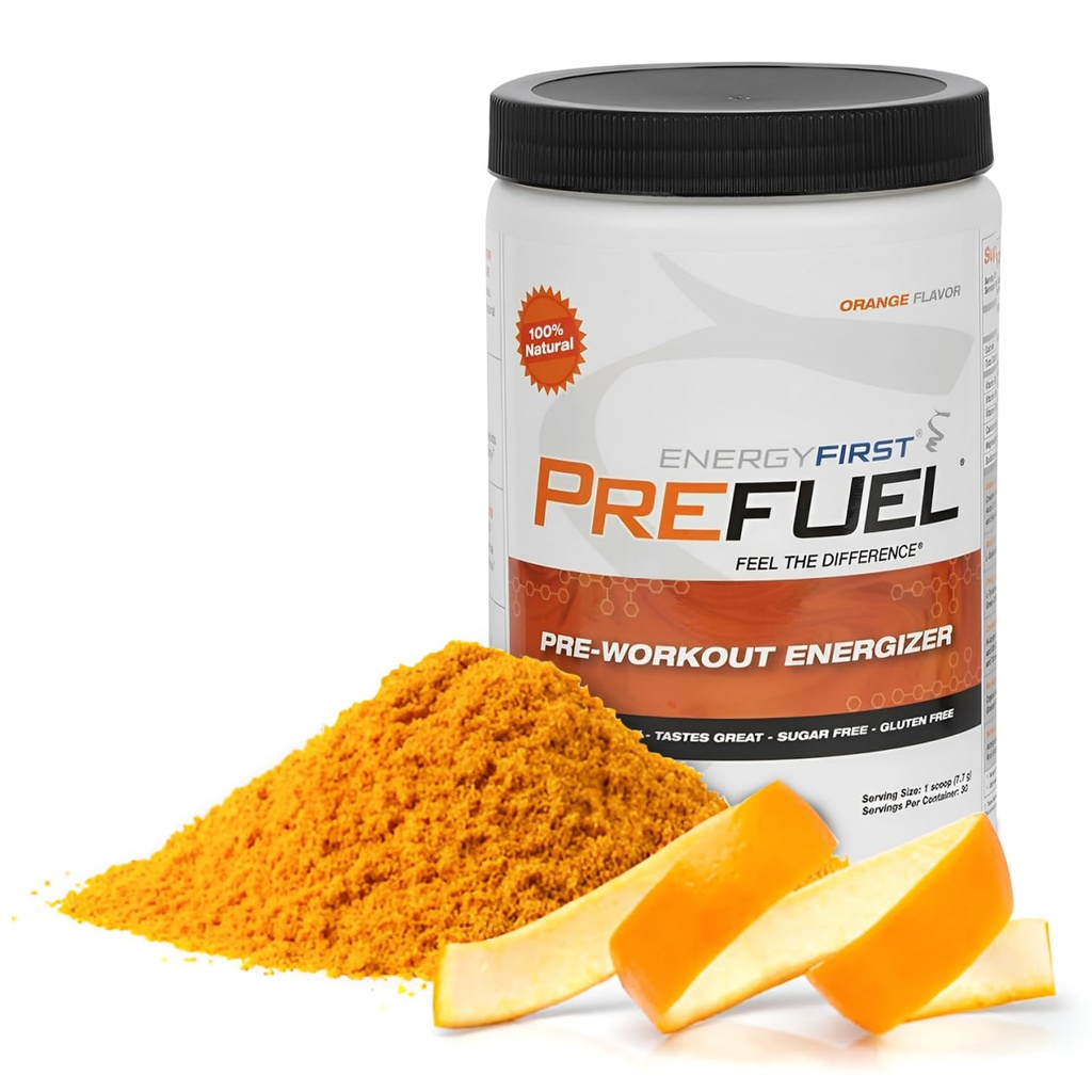 EnergyFirst Prefuel Vegan Pre-Workout Powder, Zero Sugar, All-Natural Energizer with Immune Support Orange Flavor, 30 portions pour une performance maximale d'entraînement