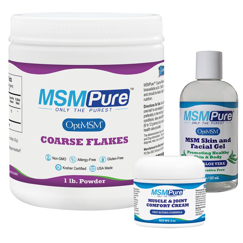 KALA Health MSMPure Starter Bundle avec MSM Coarse Flakes 1lb, MSM Muscle & Joint Cream 2oz et MSM Gel avec Aloe 8oz biologique