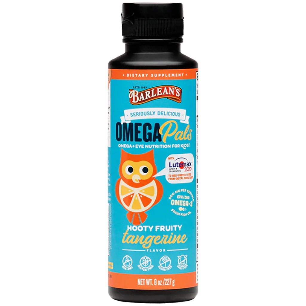 Barlean's Omega Pals Eye Health Liquid, Omega 3 aromatisé Tangerine pour les enfants, supplément huile de poisson avec 500 mg d'EPA & DHA Plus Lutéine et Zeaxanthin Vitamines pour le soutien de la lumière bleue, 8 oz