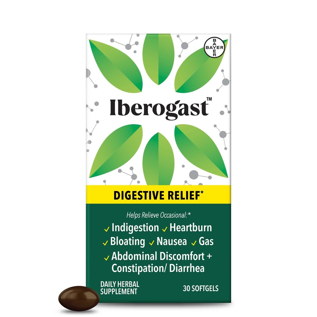 Softgels ibérogastes, Relief à base de plantes des upsets de l'estomac: Indigestion occasionnelle, Bloating, Gaz, Nausées, Estomac upset; Mélange de 6-herbes avec Iberis Amara, Peppermint, Licorice, Lemon Baume; 30ct
