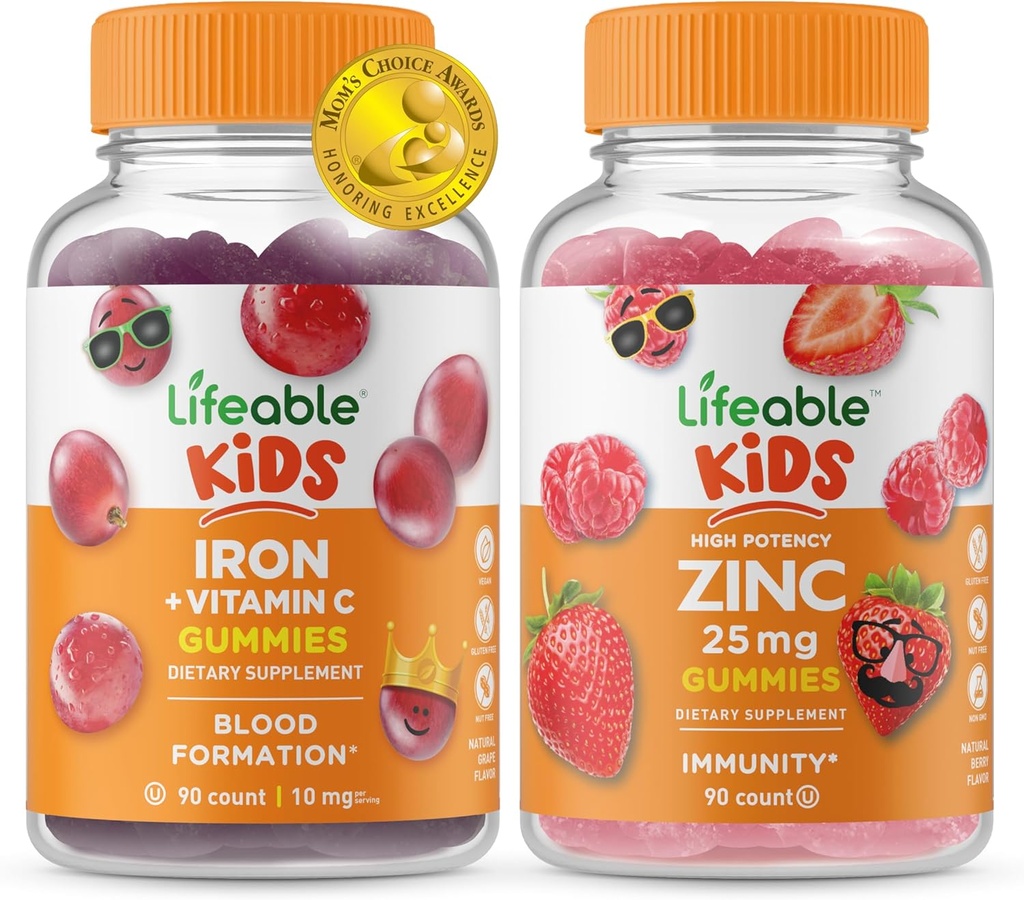 Fer et vitamine C à vie pour enfants + Zinc 50mg, Gummies Bundle - Grande dégustation, supplément de vitamine, sans gluten, sans OGM, gummy à croquer