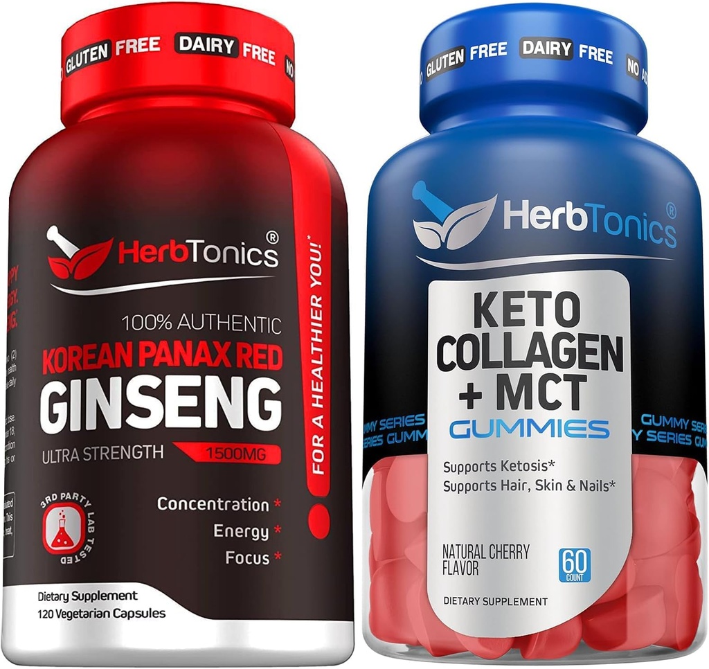 Korean Red Panax Ginseng 1500mg - Hohe Potenz Ginseng für Energie, Leistung und Immununterstützung für Männer & Frauen - Keto Gummis mit MCT + Collagen | Zucker Free | Anti Aging, Haarwachstum & starke Nägel