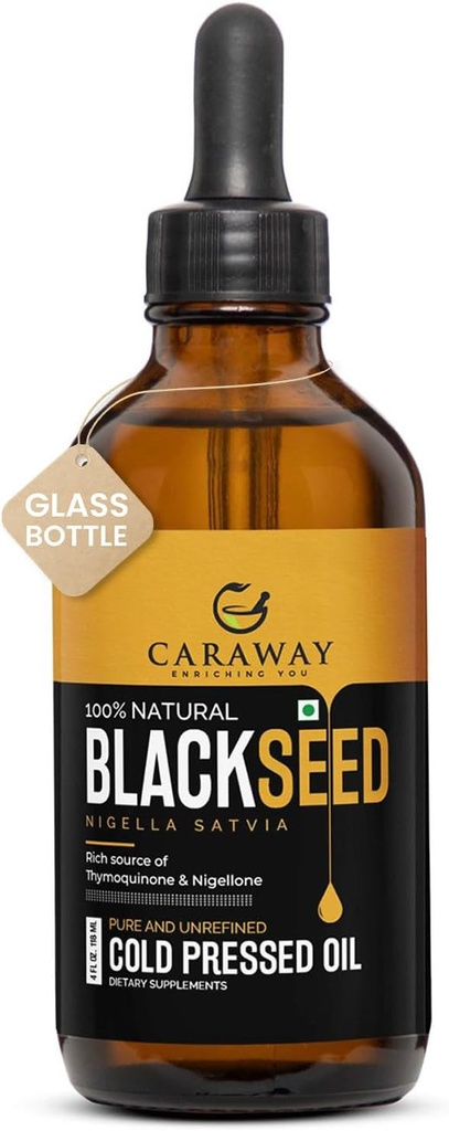 CARAWAY Huile de Graine Noire Biologique - Huile Nigella Sativa pressée à froid - Pure et non raffinée - Riche en thymoquinone pour le soutien immunitaire, le soin des cheveux et de la peau