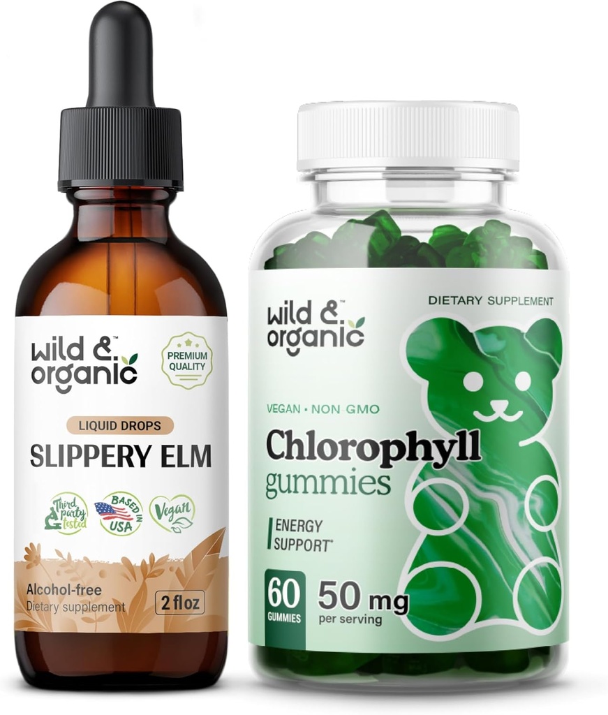 Teinture d'orme de sliperie sauvage et biologique 2 fl oz et Gommies de chlorophylle 60 Chews