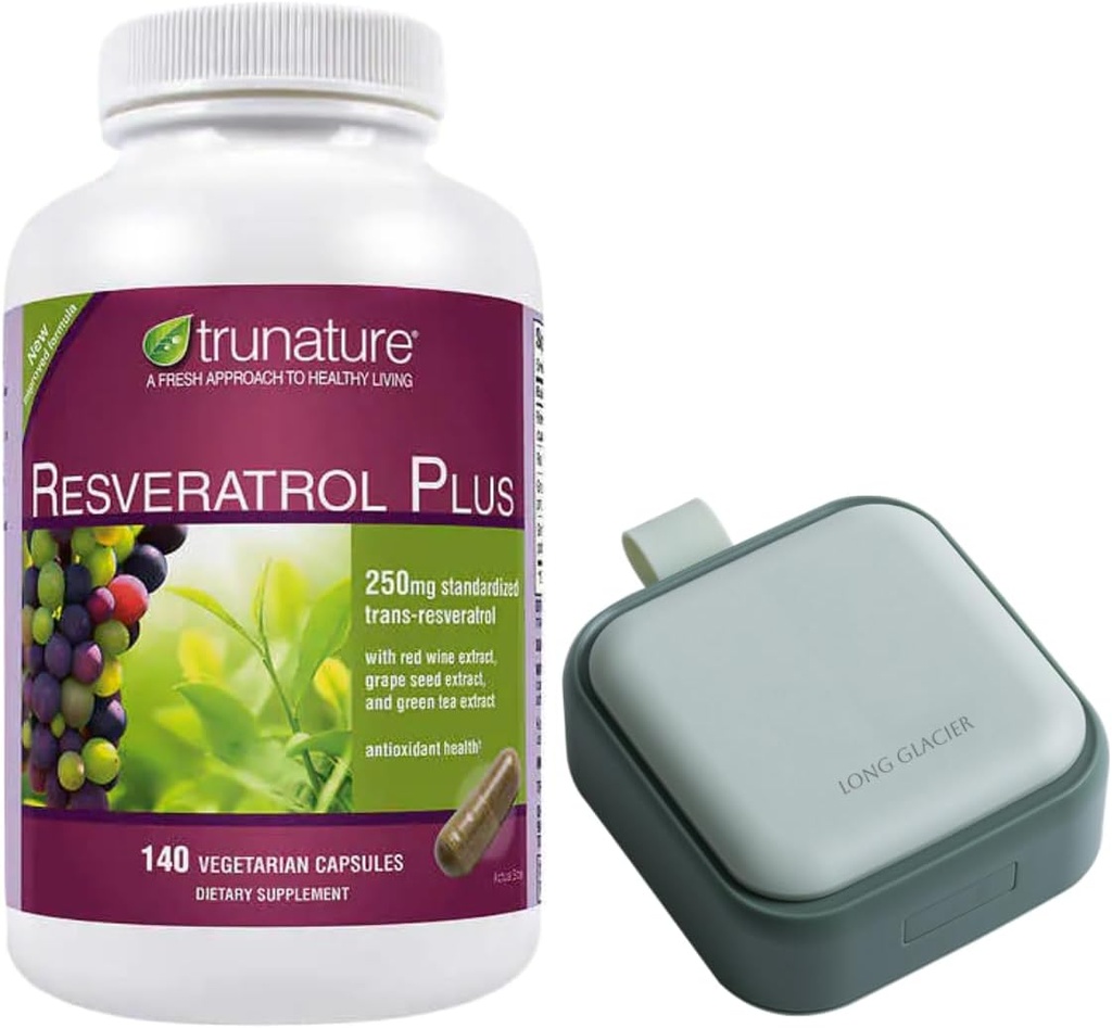 Resvératrol Plus, 140 capsules végétariennes avec un oragniseur à pilules, petit récipient à pilules mignon pour la médecine, vitamines, vert