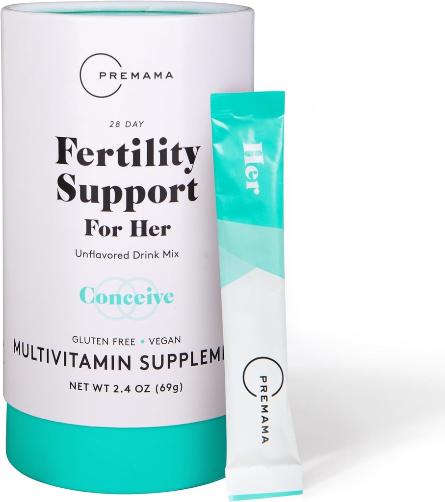 Premama support de fertilité pour ses paquets de poudre, supplément multivitamine pour soutenir la fonction ovulatoire normale et la qualité des oeufs, sans gluten, végétalien, non aromatisé, 28 paquets mono-serve