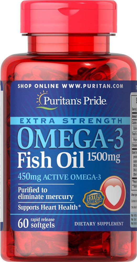 Puritans Pride Extra Strength Omega-3 Huile de poisson 1500 Mg 450 Mg Omega-3 actif Softgels, 60 Compte
