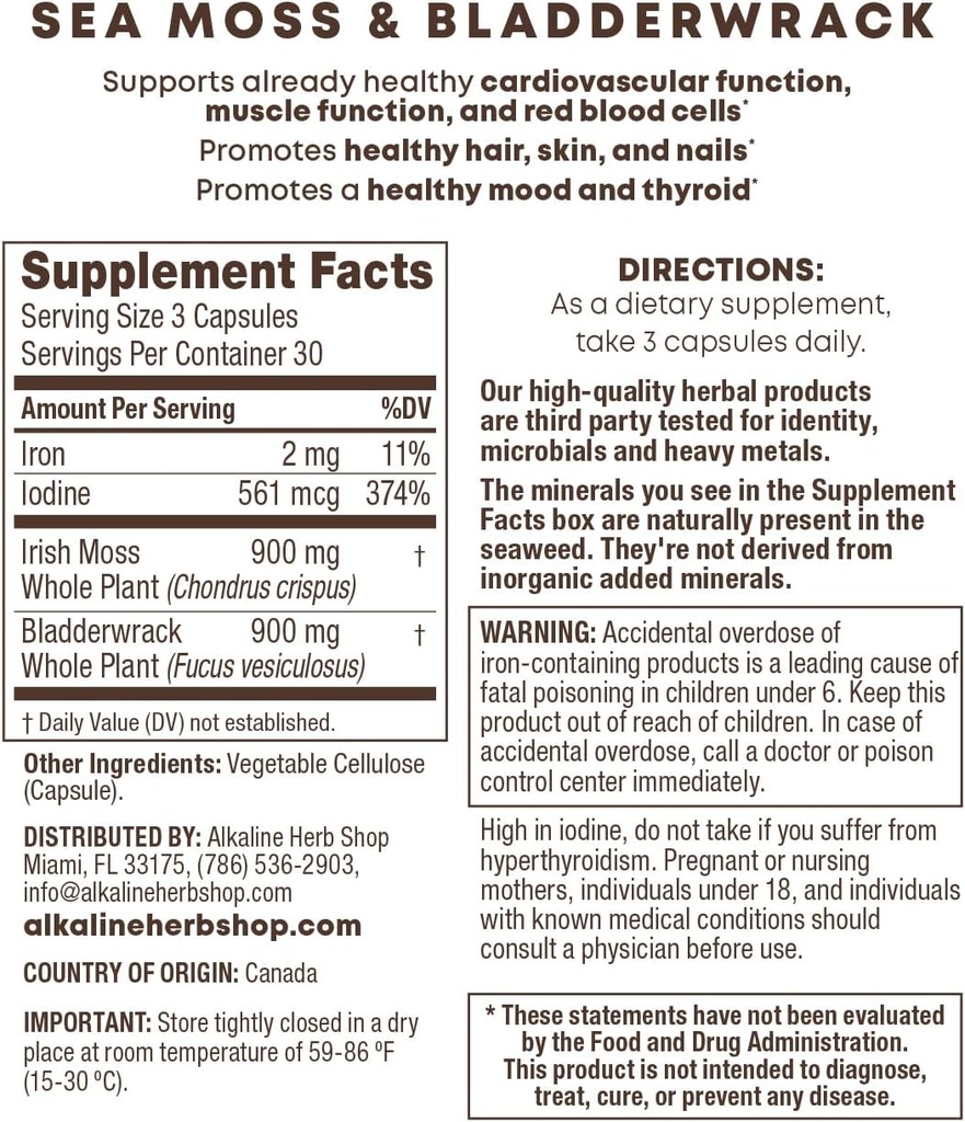 Alkaline Kräuter Shop Sea Moss und Bladderwrack Ergänzung 90 Kapseln