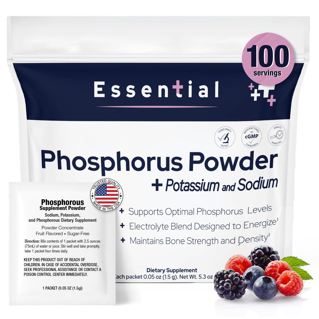 Suppléments de phosphore 100 Packets, Suppléments diététiques Poudre avec Phosphate de sodium et Phosphate de potassium, Supplément de phosphore aromatisé aux fruits Poudre pour la santé des électrolytes, des os et des reins