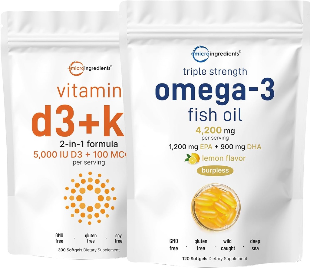 Micro Ingredients Vitamin D3 5.000iu + K2 100mcg Softgels & Omega-3 Fish Oil 120 Softgels Bundle 2 Pack | Essential Sunshine Vitamine | Wild-Caught Fish, Lemon Flavored, Burpless