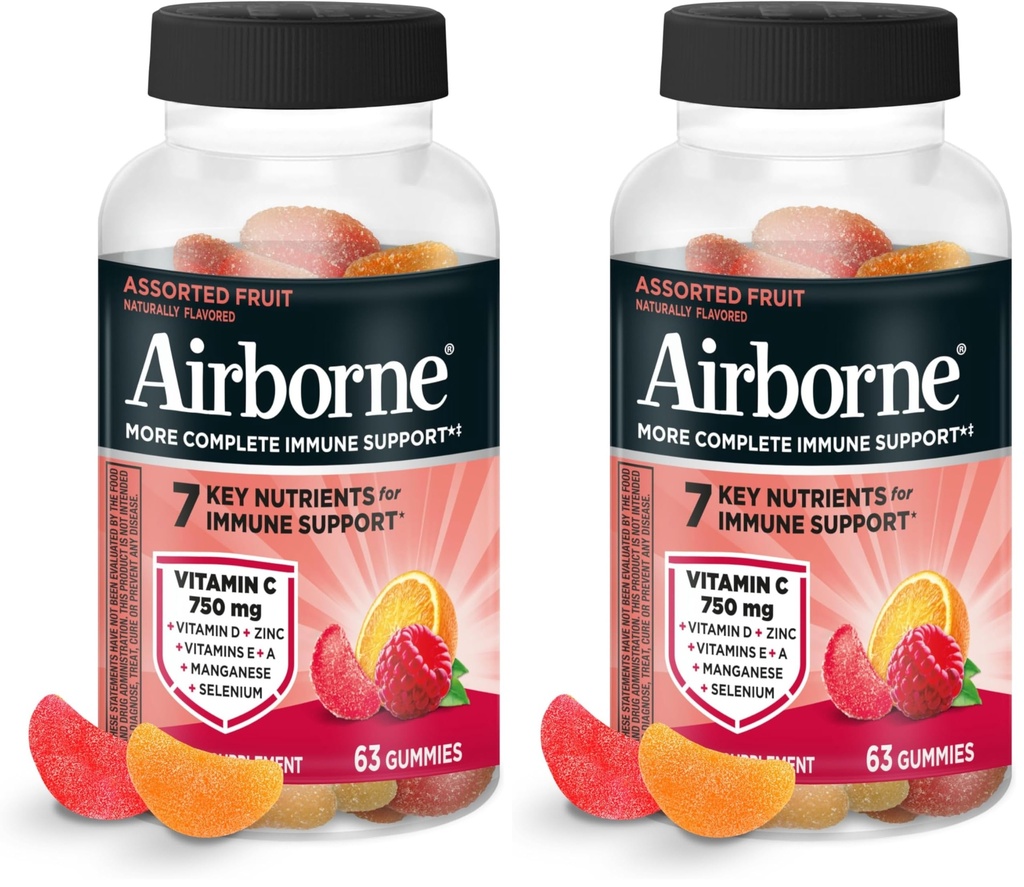 Airborne Vitamin C 750mg (pro Servieren) - Gesortierte Fruchtgummis (63 Zähler in einer Flasche), Glutenfreie Immununterstützungsergänzung mit Vitaminen C E, Selen (Pack von 2)