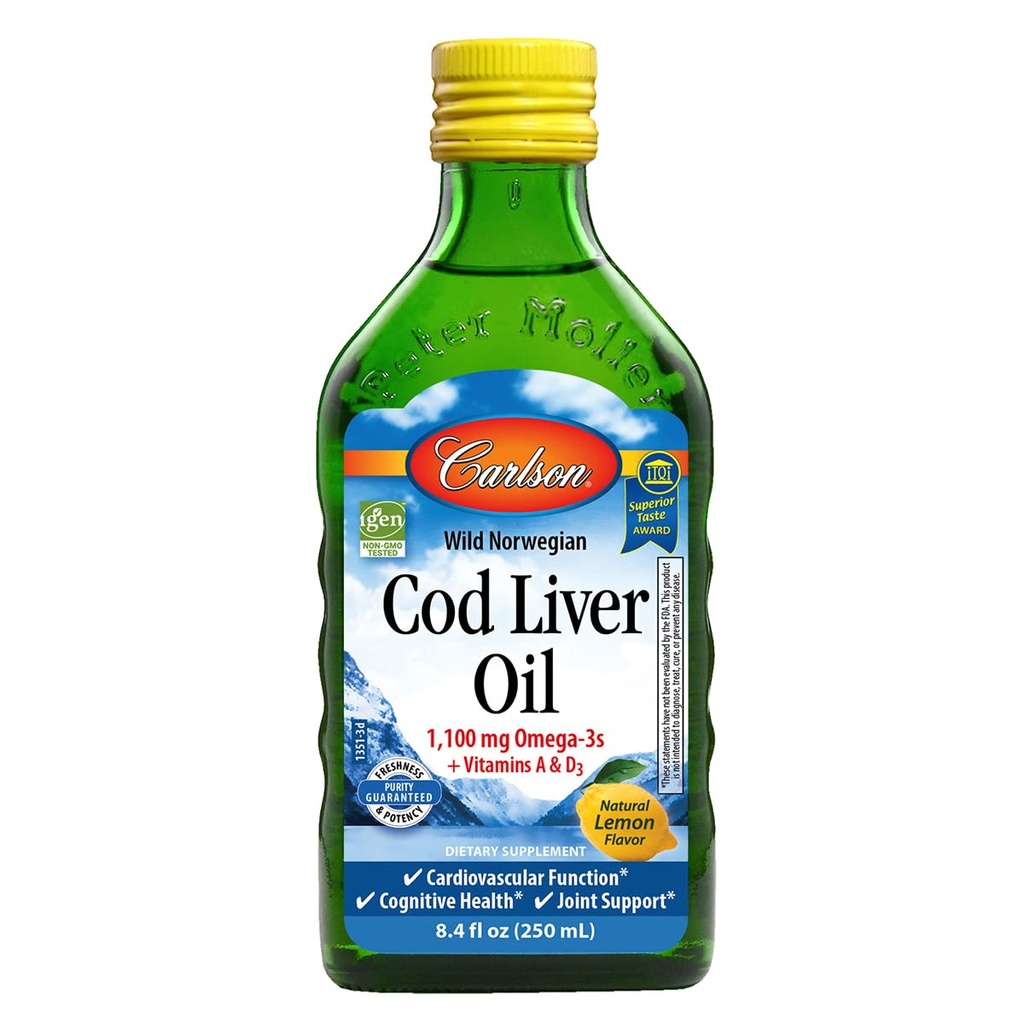 Carlson - Cod Liver Oil, 1100 mg Omega-3s, Liquid Fish Oil Supplement, Wild-Caught Norwegian Arctic, Sustainable Sourced Nordic Liquid, Zitronen, 250 ml