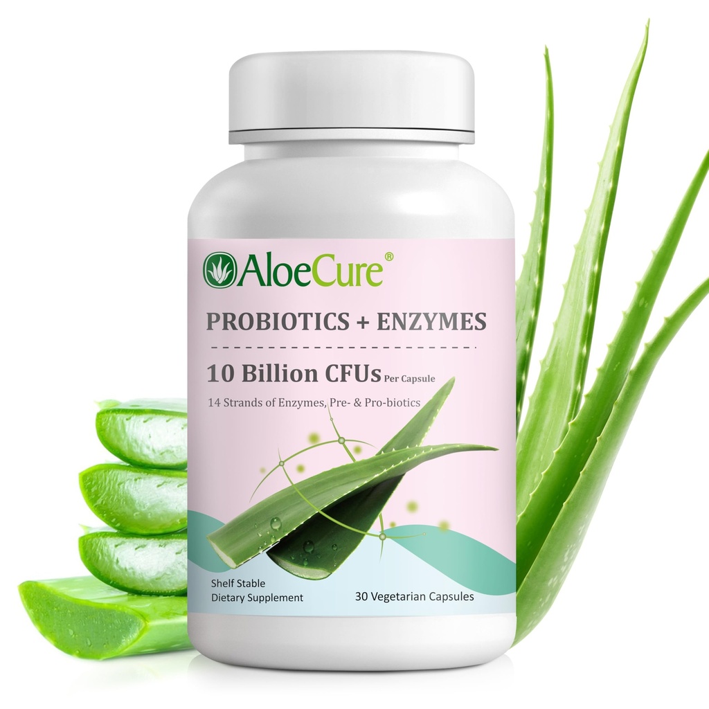 AloeCure Daily Probiotics 10 milliards d'UFC pour le soutien digestif 8 souches, 6 prébiotiques et enzymes - Supplément digestif avec bromélain pour les femmes et les hommes - Gut Support, Relief digestif, 30 capsules