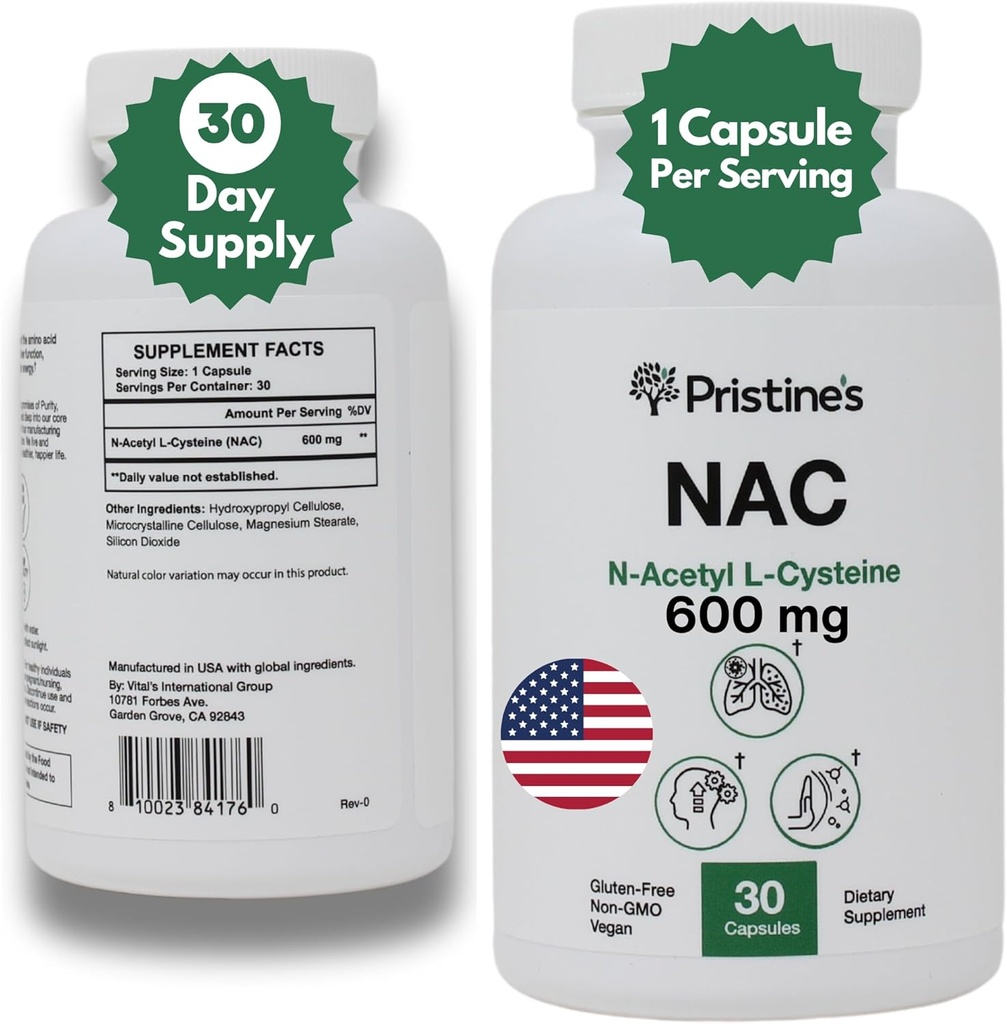 PRISTINE's N-Acetyl L-Cystein (NAC) 600MG 30-Day Supply Potent Lung & Liver Immunität Antioxidans Supplement Kapseln - Mood & Mental Health Support