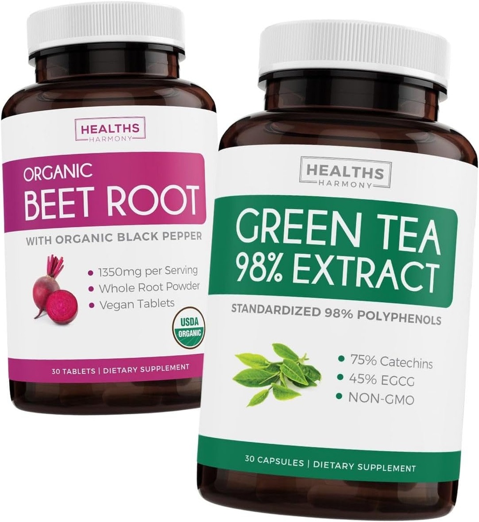 Beet Root & Green Tea Extract (2-Week Supply) Beet & Tea Power Mix - Organic Beet Root mit schwarzem Pfeffer für Absorption 1250mg (30 Tabletten) & Green Tea Extract 98% mit EGCG 1000mg pro Portion (30 caps)