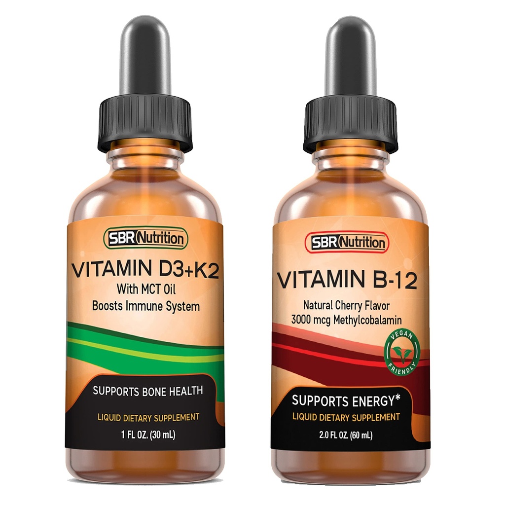 SBR Nutrition D3+K2 und B12 Bundle Vitamin D3K2 (MK7) Flüssigkeitstropfen, Pfefferminz 1oz | Vitamin B-12 3000mcg Flüssigkeitstropfen, 2oz | für Erwachsene & Kinder | Non-GMO, Glutenfrei