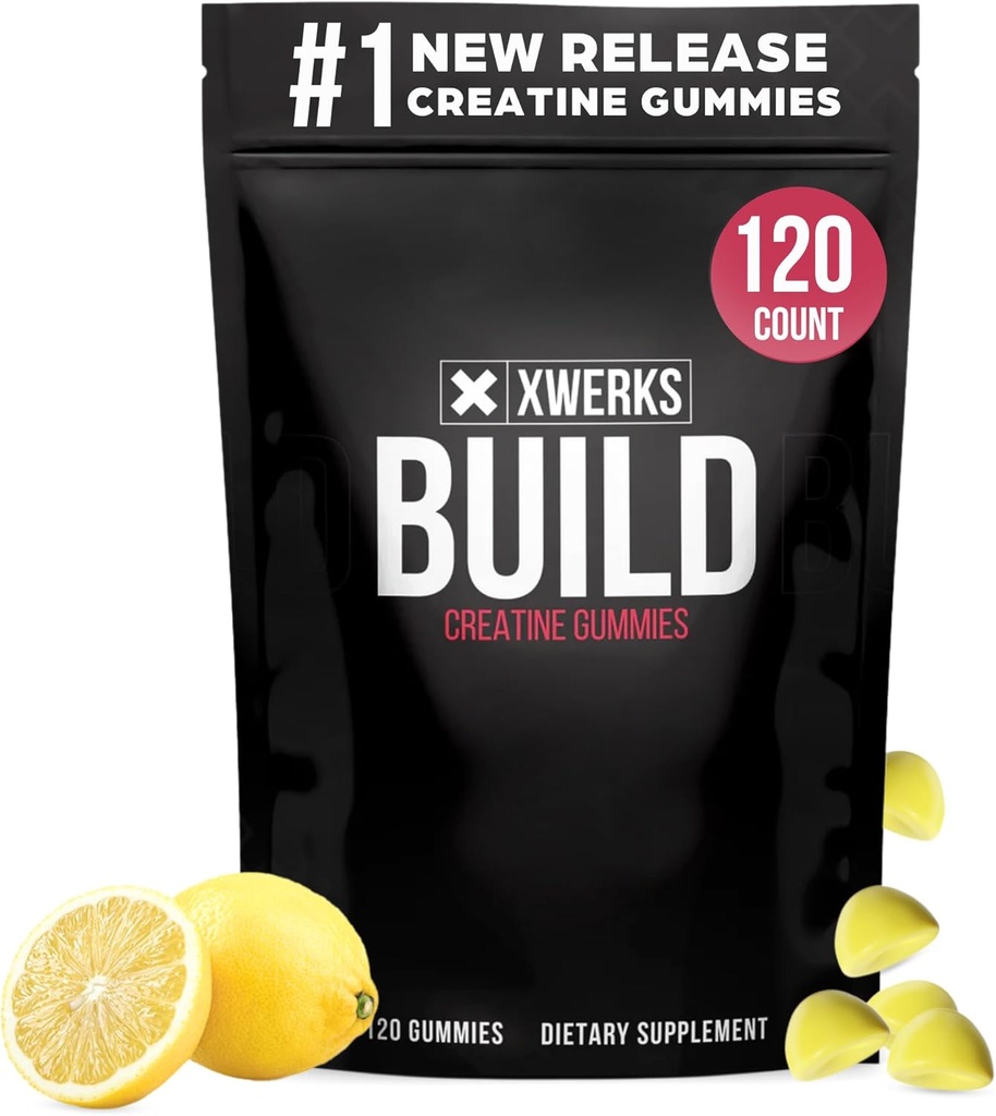 Xwerks Build Creatine Gummis für Männer und Frauen, 120 Count, 100% reine Kreatin Monohydrat, Lemon Flavored Muscle Building Gummies 4g pro Servierung, Pre Workout Anti Melting, 5000mg Total Creatine