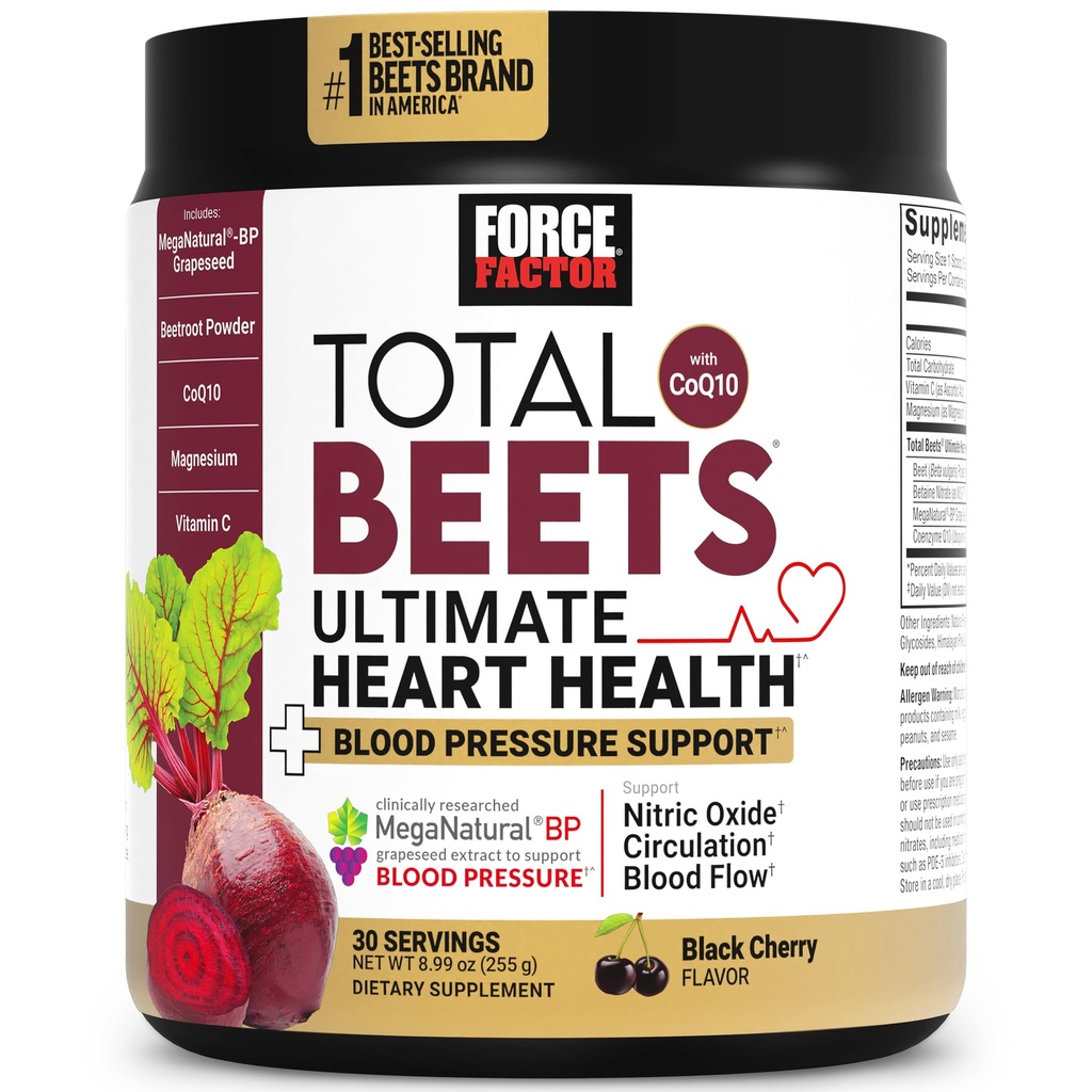 Kraftfaktor Total Beets Ultimate Herz-Gesundheit Blutdruck-Unterstützung mit CoQ10, Beet Root Powder, Grape Seed Extract, Blutdruck-Ergänzung für Zirkulation, Schwarze Kirsche, 30 Servierungen